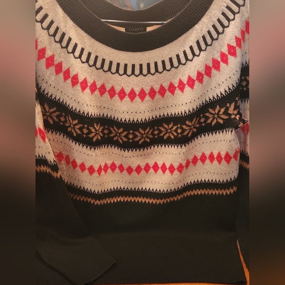 Talbots Fair Isle Wool Blend Sweater Black W Multi-Color L Holiday Cabincore - Picture 2 of 9